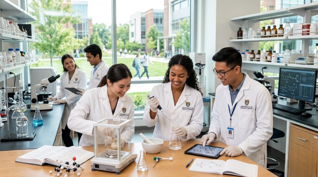 Pharmacy students in Poland attending practical lab sessions in a medical university
